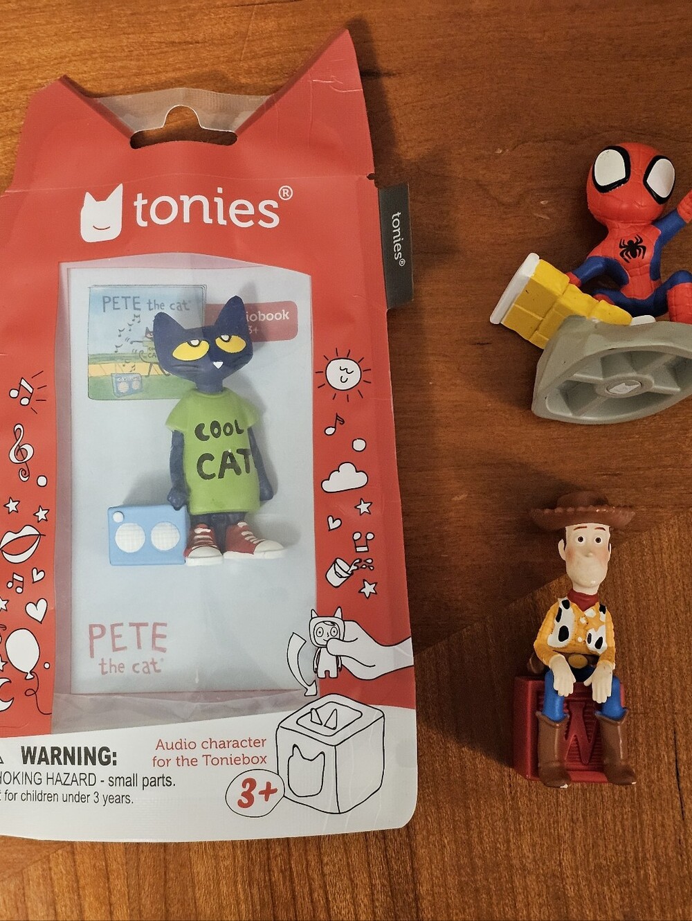 Lot of 3 Tonies Figures - Pete the Cat, Spidey, and Toy Story Woody